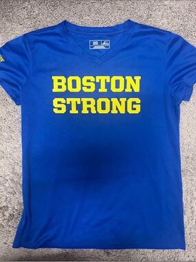 New Balance Blue V-Neck 'Boston Strong' Tee with Yellow Lettering